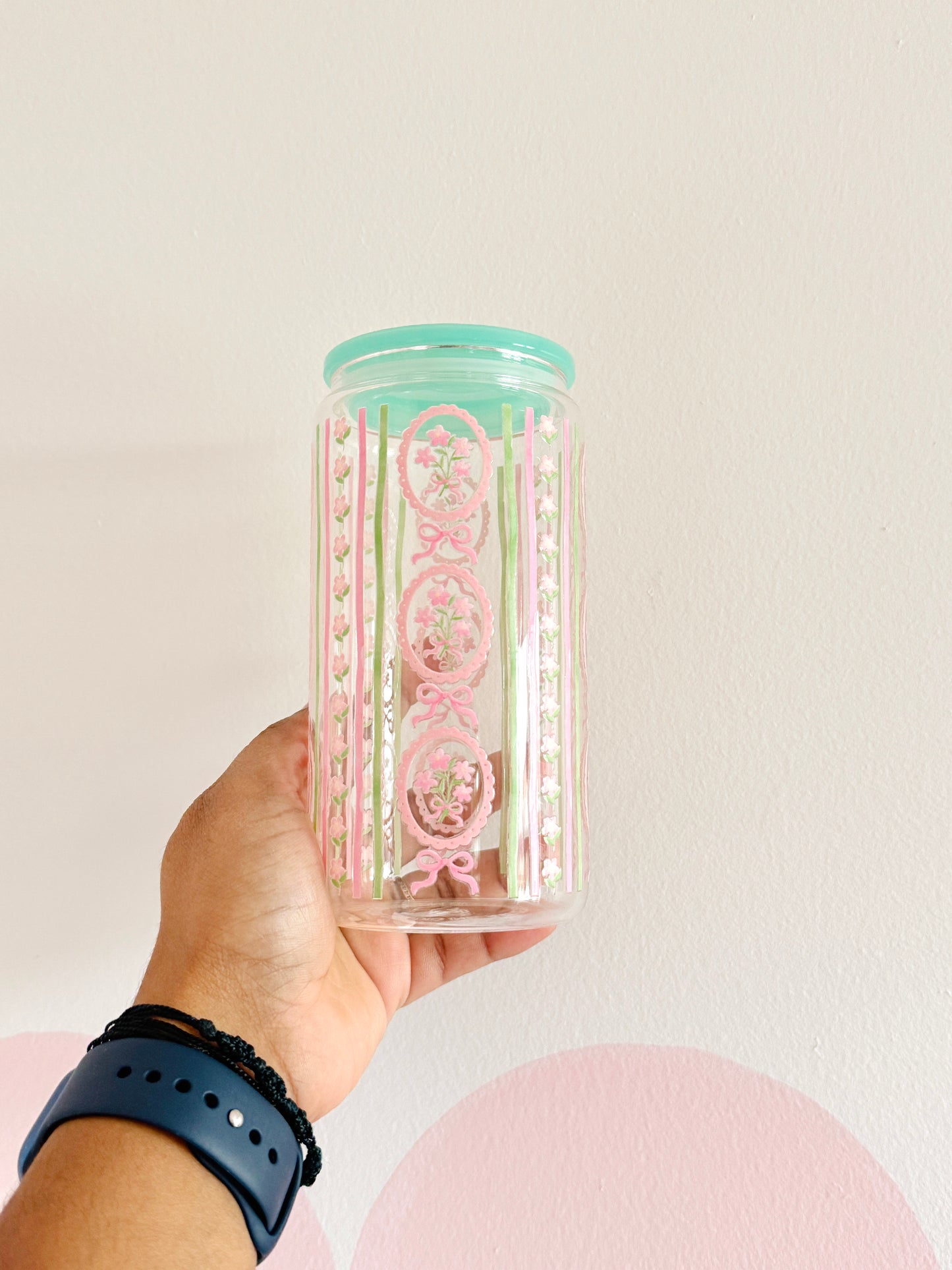 Vintage Lace | Glass Cup with Plastic/ Bamboo Lid & Glass Straw