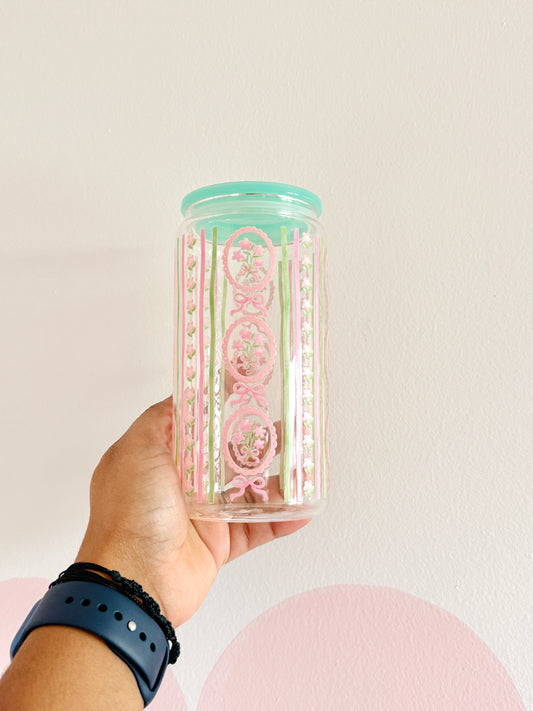 Vintage Lace |  Glass Cup with Plastic/ Bamboo Lid & Glass Straw