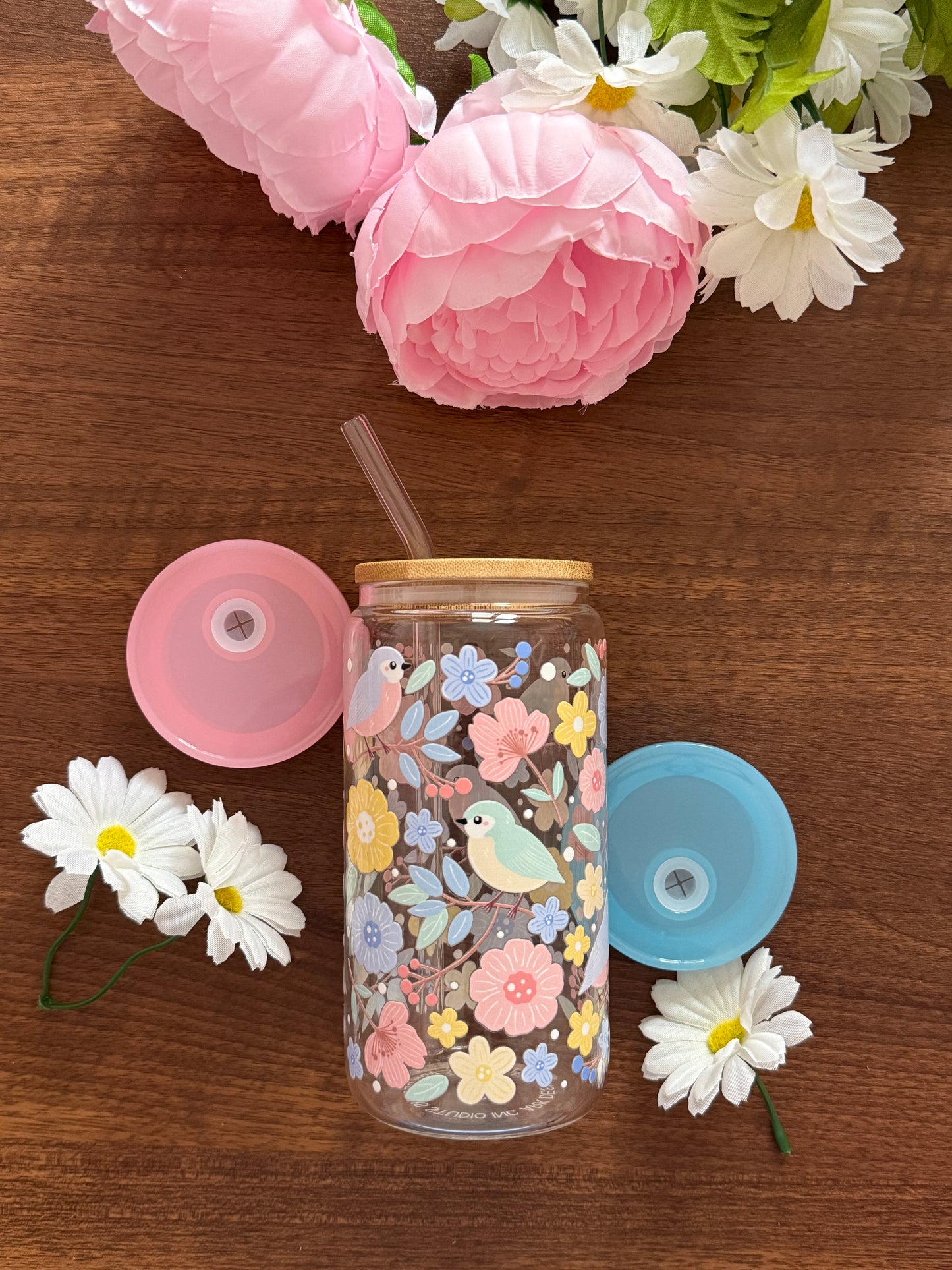 Paradise Cup | Glass Cup with Plastic/ Bamboo Lid & Glass Straw