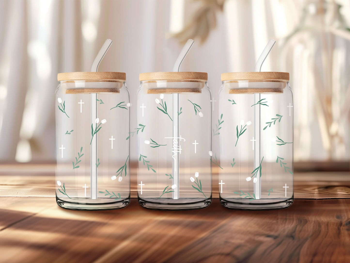 Faith | Glass Cup with Plastic/ Bamboo Lid & Glass Straw