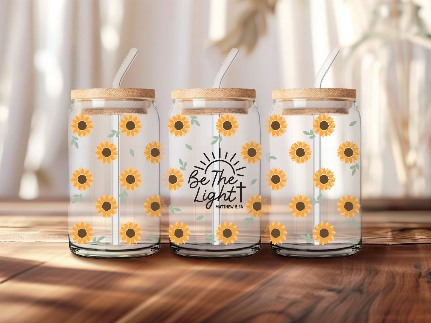 Be the Light | Glass Cup with Plastic/ Bamboo Lid & Glass Straw