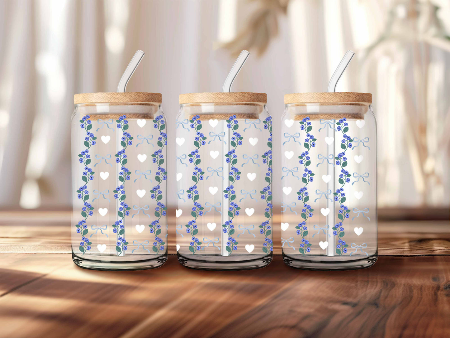 Blue Coquette Floral | Glass Cup with Plastic/ Bamboo Lid & Glass Straw