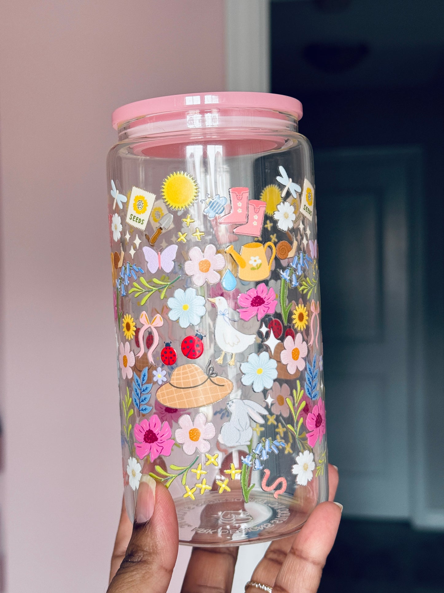 Spring Cottage Girl |  Glass Cup with Plastic/ Bamboo Lid & Glass Straw