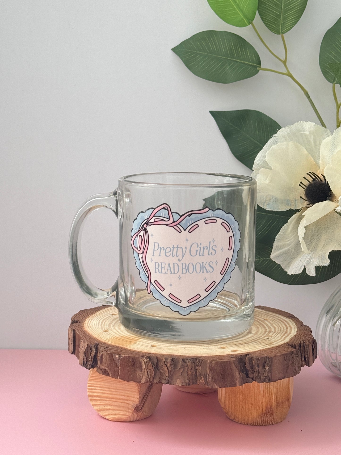 Pretty Girls Read Books Glass Mug | 13oz clear mug for coffee and book lovers