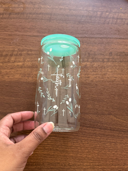 Faith | Glass Cup with Plastic/ Bamboo Lid & Glass Straw