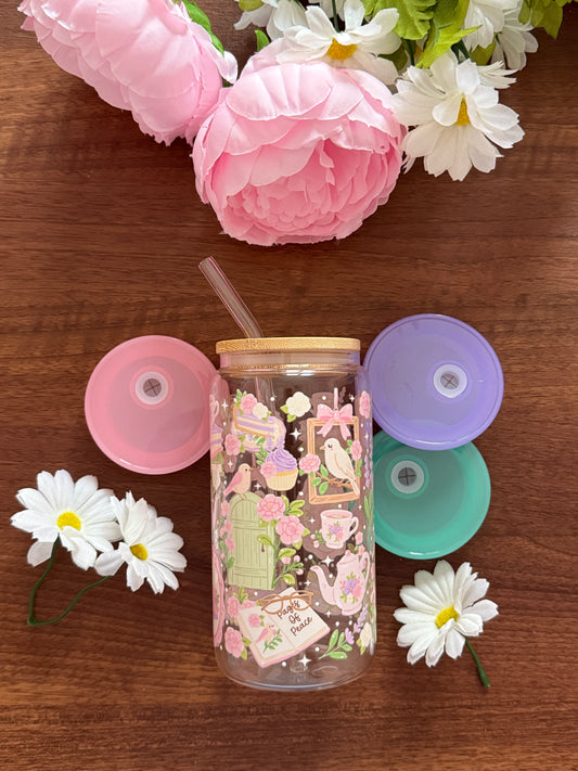 Garden Reader | Glass Cup with Plastic/ Bamboo Lid & Glass Straw