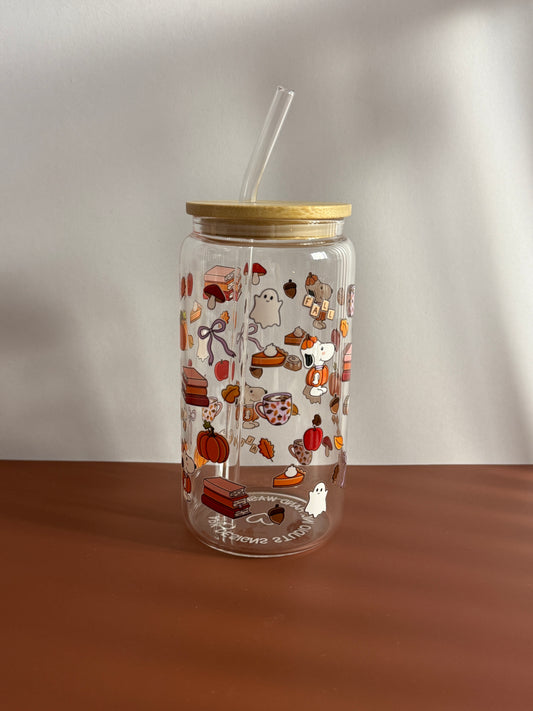 Cozy fall dog glass cup | 16oz glass cup