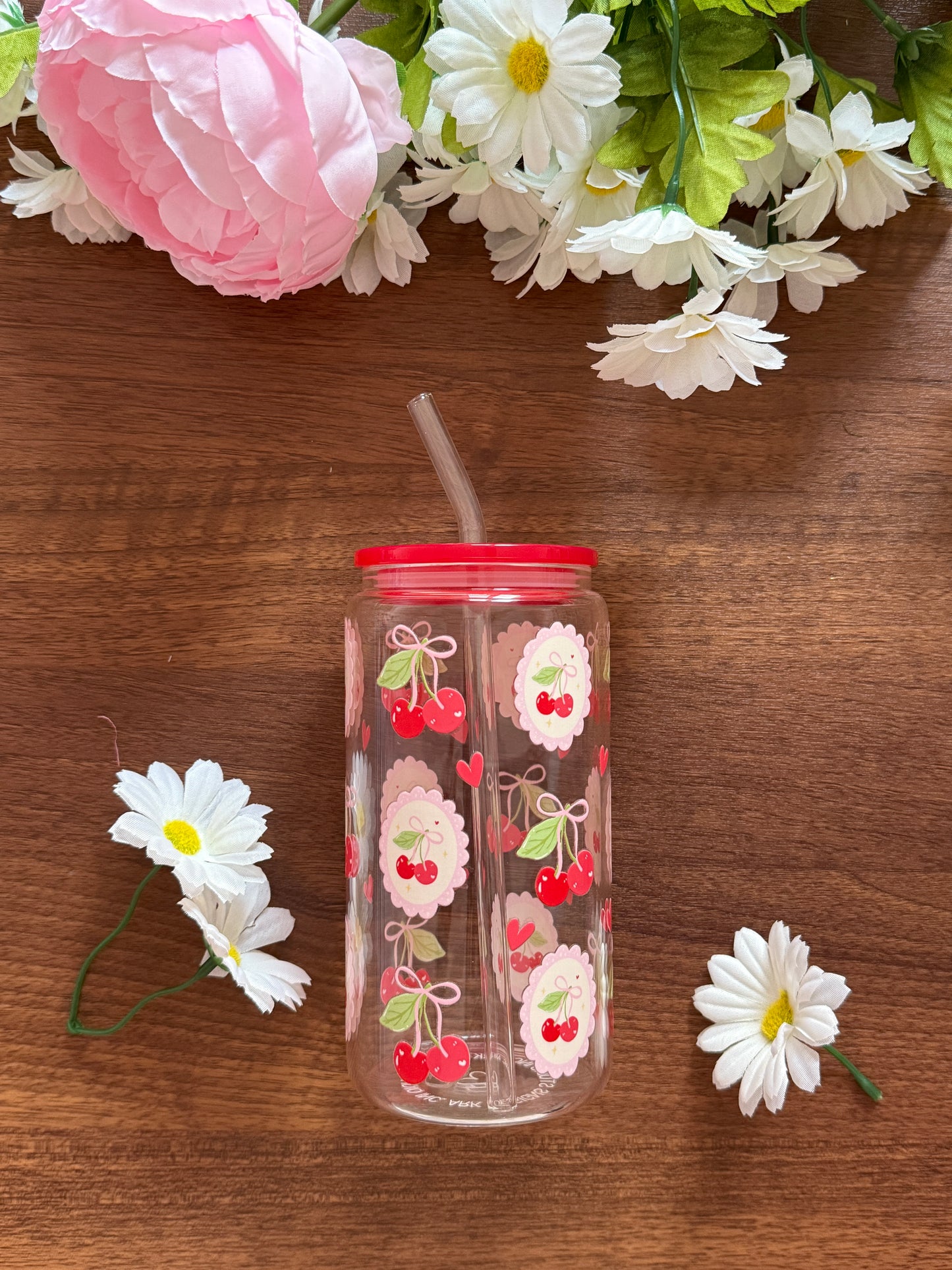 Sweet Cherry | Glass Cup with Plastic/ Bamboo Lid & Glass Straw