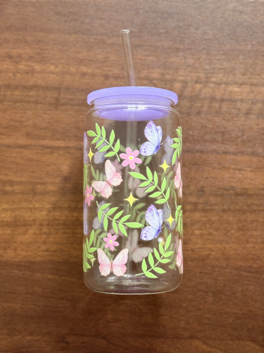 Spring Butterflies | Glass Cup with Plastic/ Bamboo Lid & Glass Straw