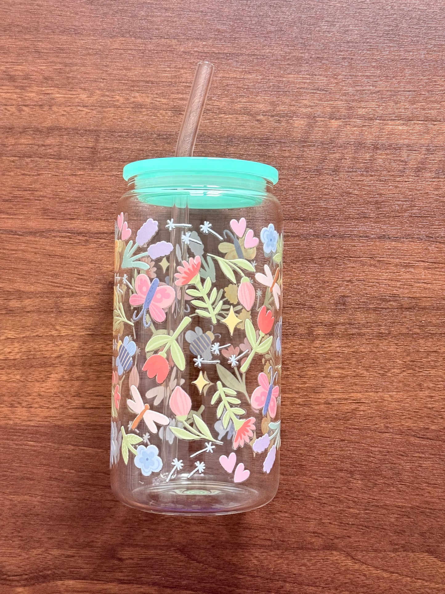Spring Field |  Glass Cup with Plastic/ Bamboo Lid & Glass Straw