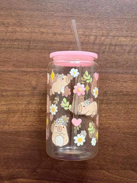 Happy Capy Spring |  Glass Cup with Plastic/ Bamboo Lid & Glass Straw
