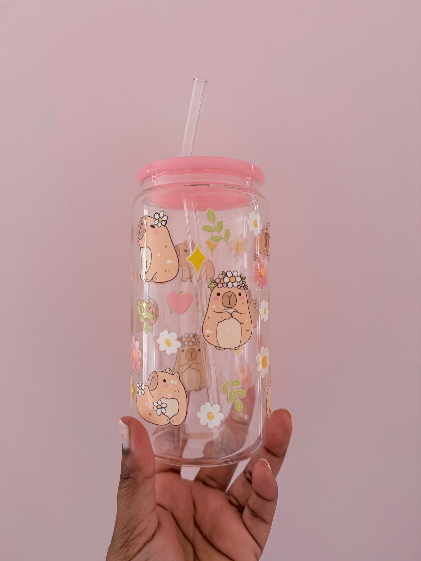 Happy Capy Spring | Glass Cup with Plastic/ Bamboo Lid & Glass Straw