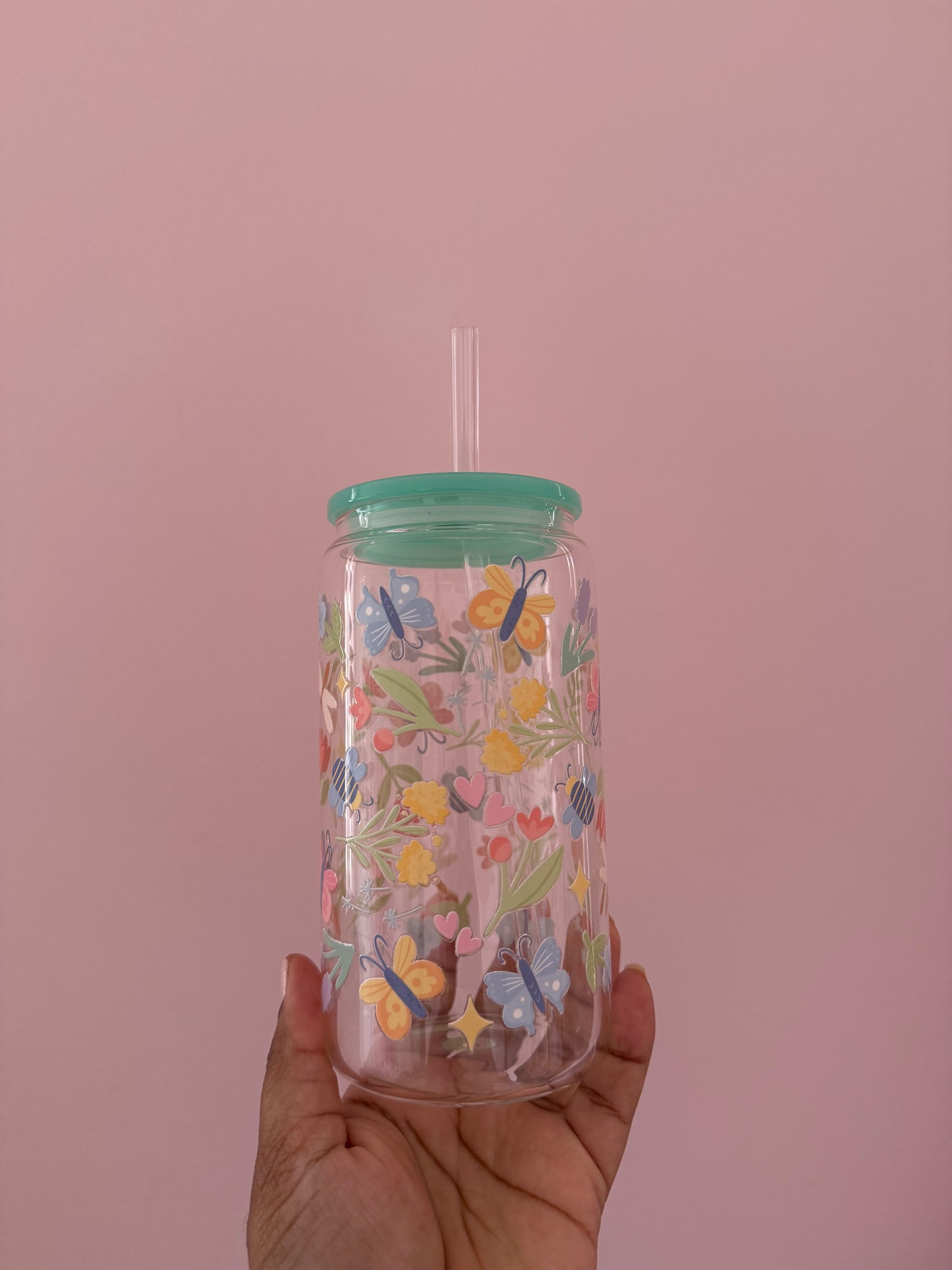 Spring Field |  Glass Cup with Plastic/ Bamboo Lid & Glass Straw