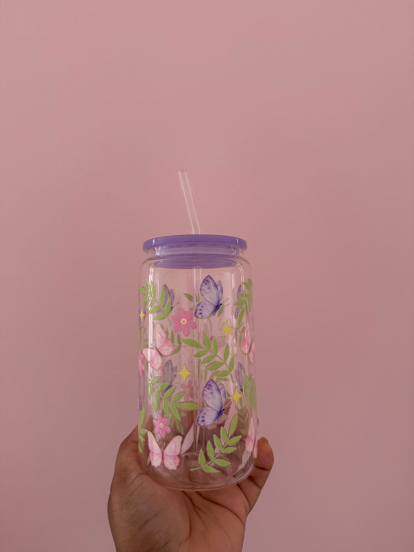 Spring Butterflies | Glass Cup with Plastic/ Bamboo Lid & Glass Straw