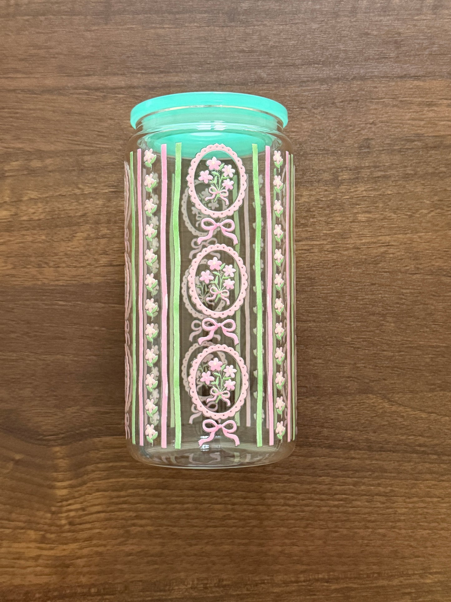 Vintage Lace | Glass Cup with Plastic/ Bamboo Lid & Glass Straw