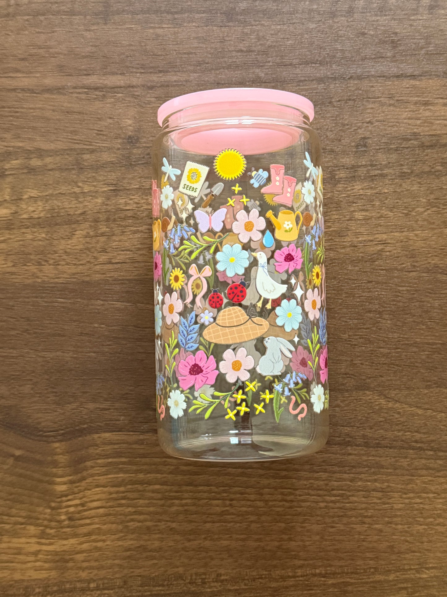 Spring Cottage Girl |  Glass Cup with Plastic/ Bamboo Lid & Glass Straw