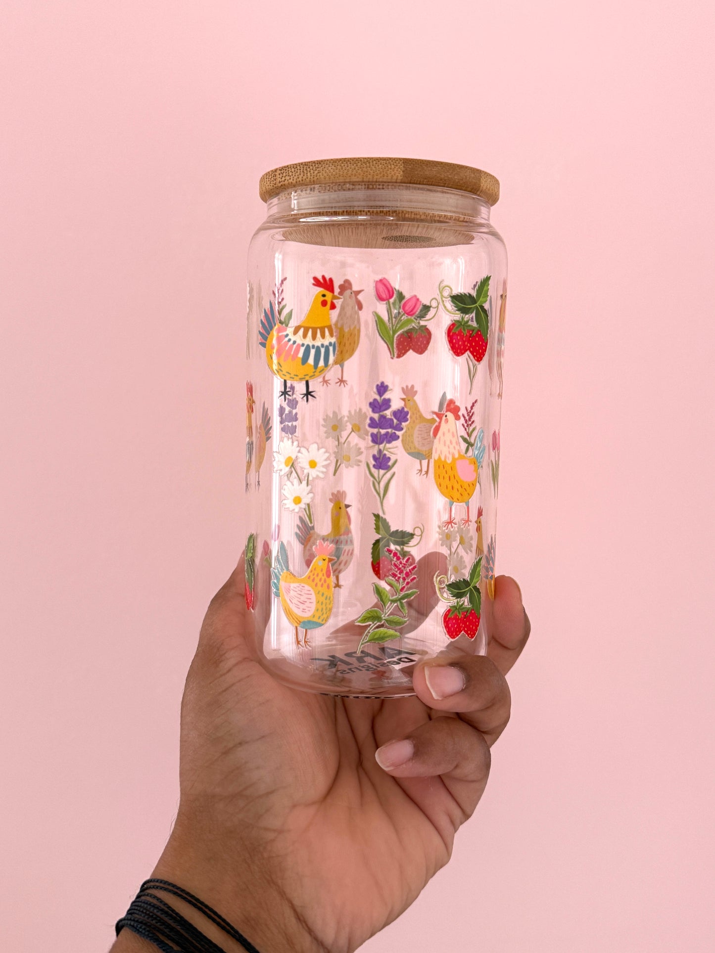 Chicks of Spring | Glass Cup with Plastic/ Bamboo Lid & Glass Straw
