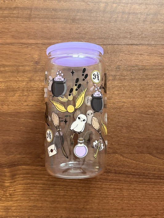 Wizard Reader | Glass Cup with Plastic/ Bamboo Lid & Glass Straw