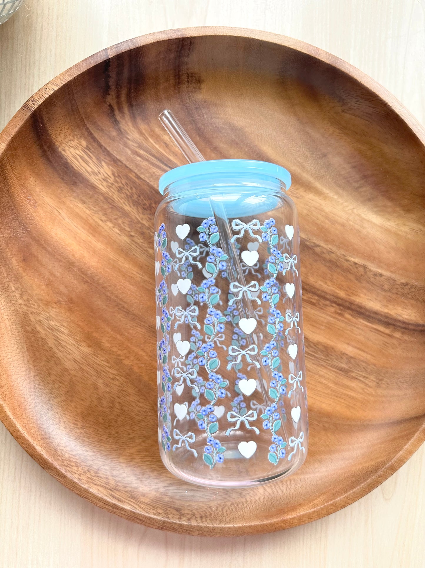 Blue Coquette Floral | Glass Cup with Plastic/ Bamboo Lid & Glass Straw