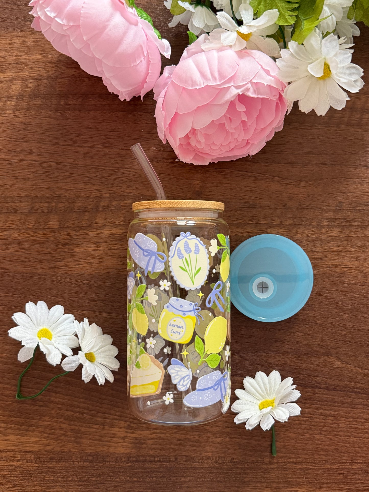 Lemon Bliss Cup | Glass Cup with Plastic/ Bamboo Lid & Glass Straw