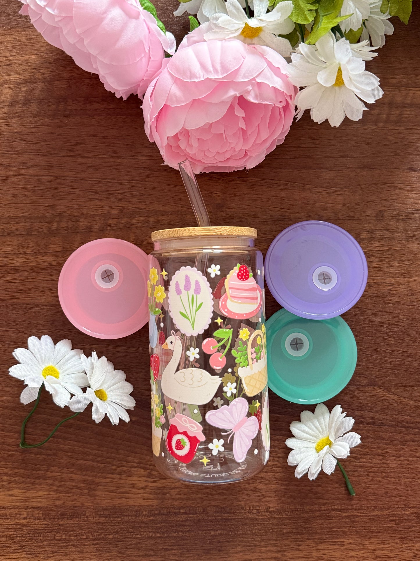 Girly Picnic Cup | Glass Cup with Plastic/ Bamboo Lid & Glass Straw
