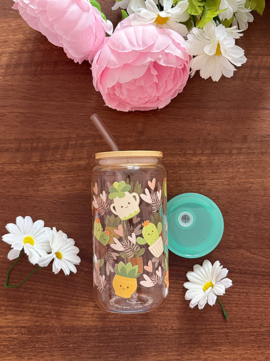Grow Girl Cup | Glass Cup with Plastic/ Bamboo Lid & Glass Straw
