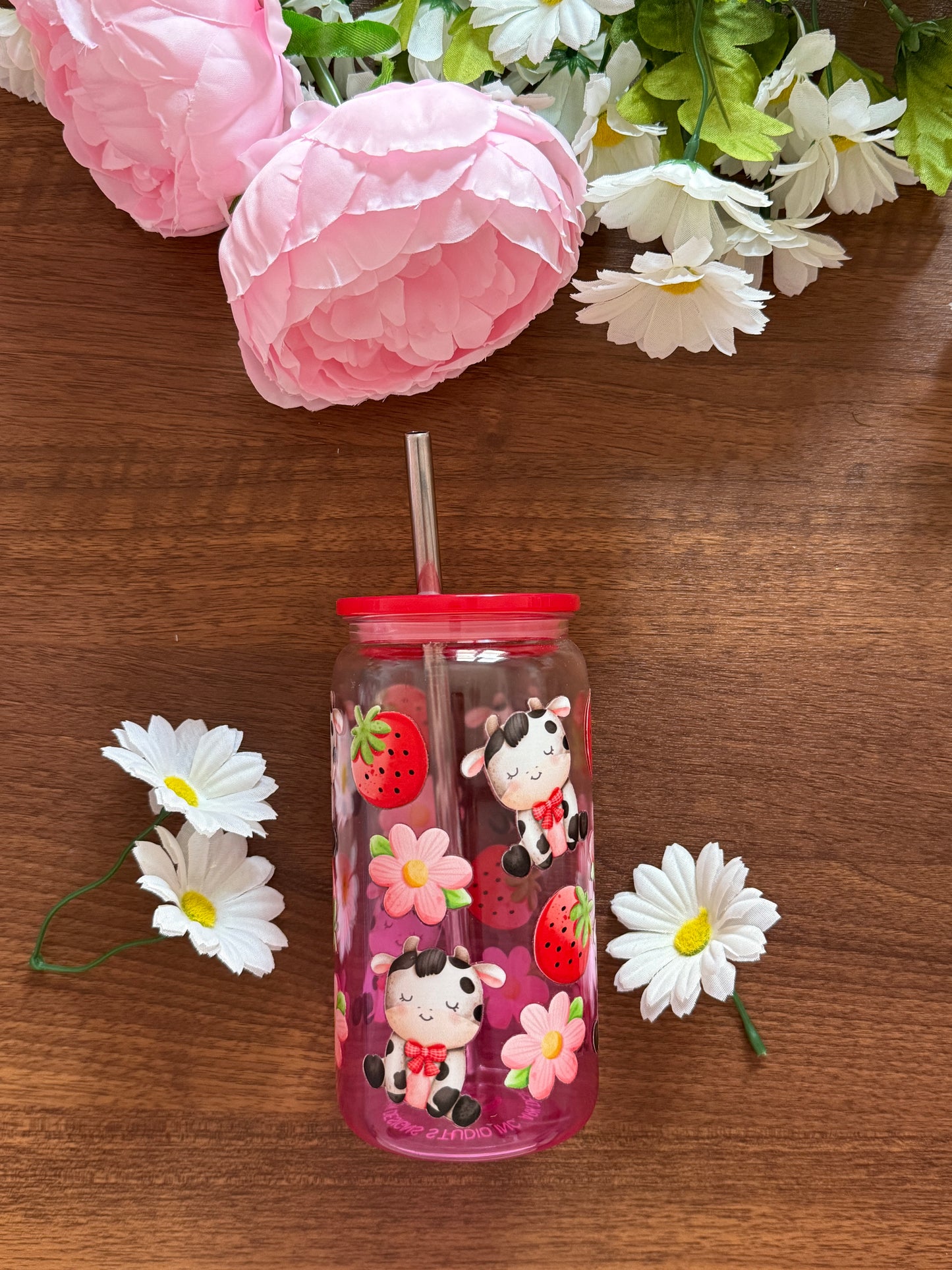 Strawberry Cows Cup | Plastic Cup with Plastic Lid & Stainless Steel & Plastic Straw