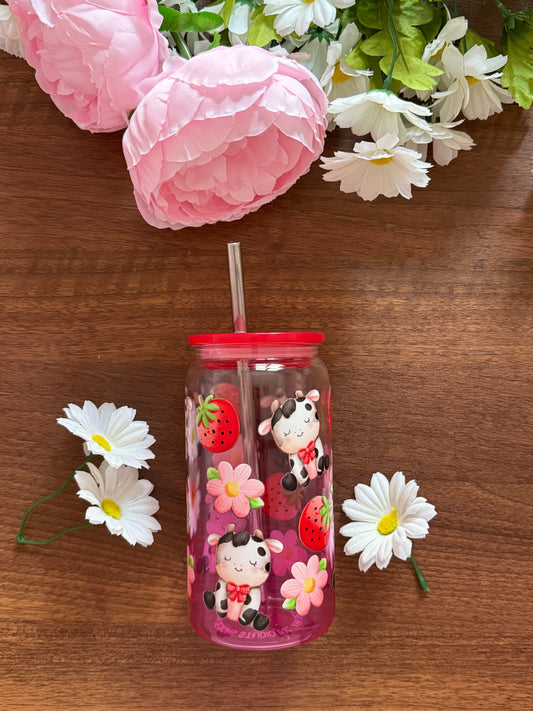 Strawberry Cows Cup | Plastic Cup with Plastic Lid & Stainless Steel & Plastic Straw