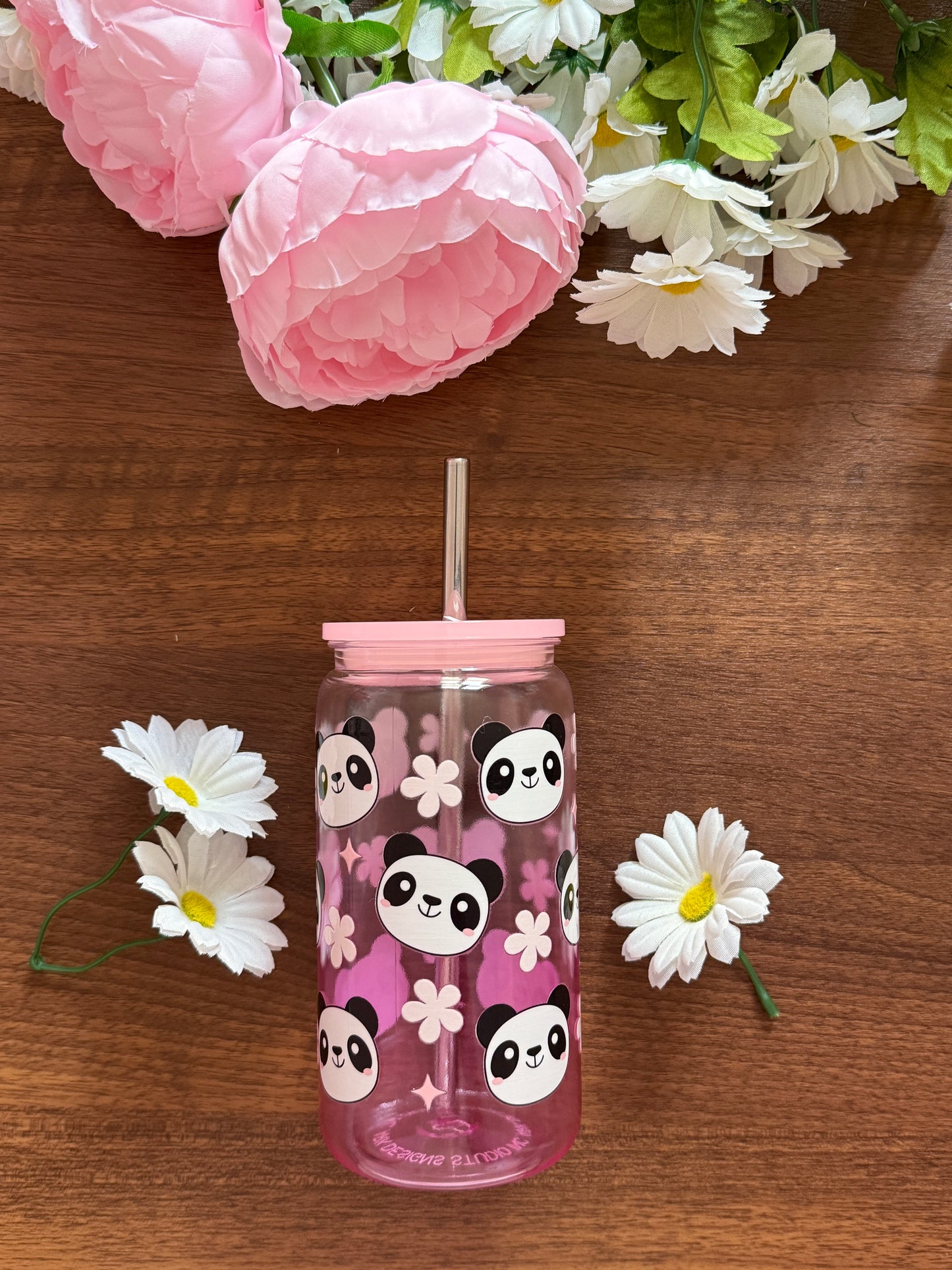 Panda Daisy Cup | Plastic Cup with Plastic Lid & Stainless Steel & Plastic Straw