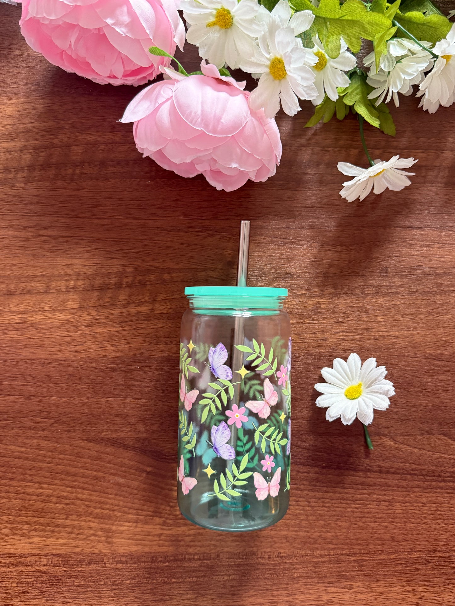 Spring Butterflies Plastic Cup | Plastic Cup with Plastic Lid & Stainless Steel & Plastic Straw