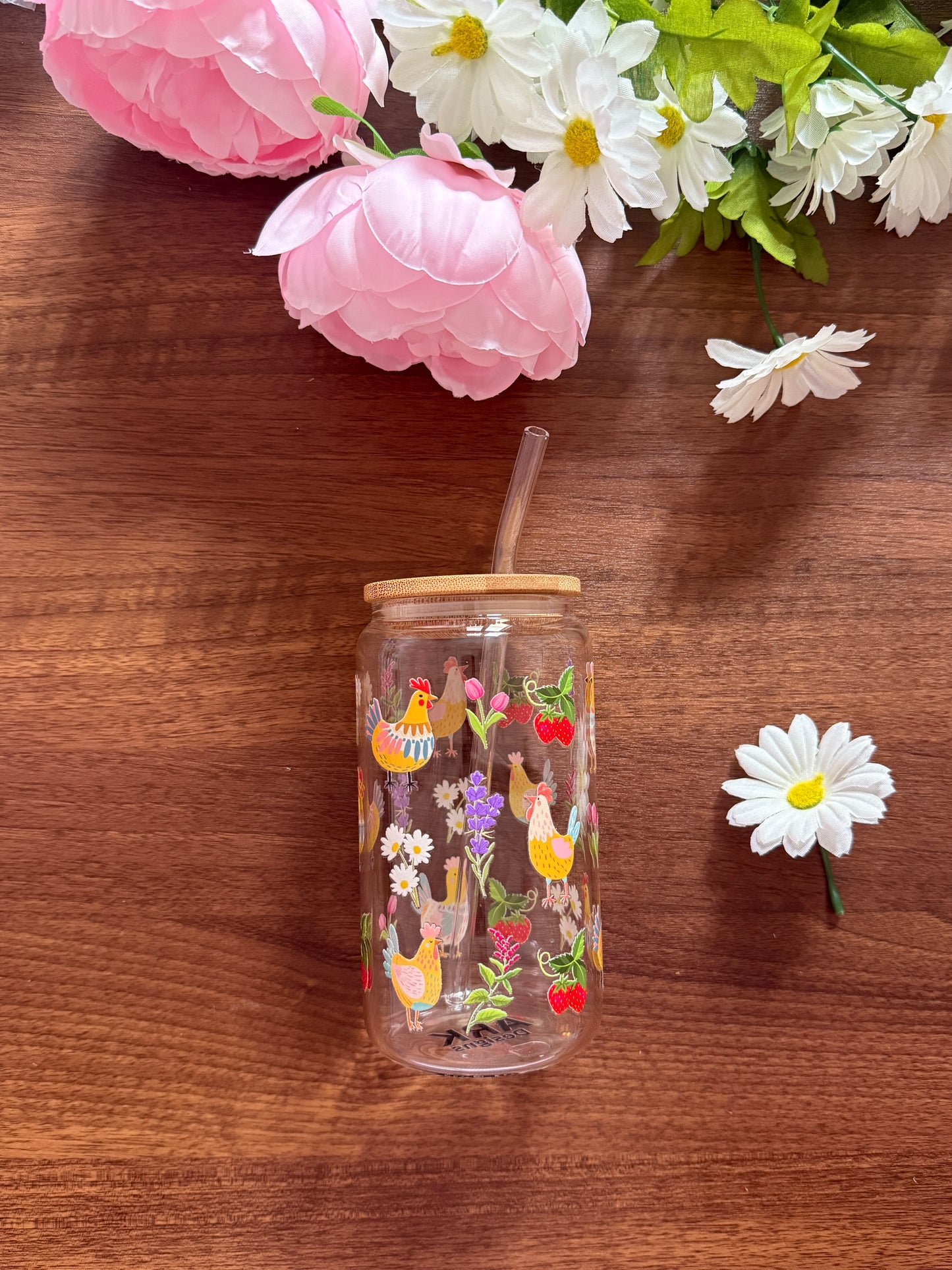 Chicks of Spring | Glass Cup with Plastic/ Bamboo Lid & Glass Straw