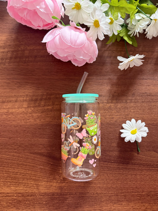 Spring Things | Glass Cup with Plastic/ Bamboo Lid & Glass Straw