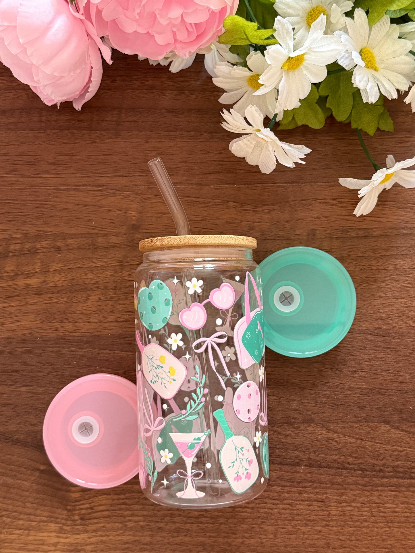 Dinkin' Cute Cup | Glass Cup with Plastic/ Bamboo Lid & Glass Straw