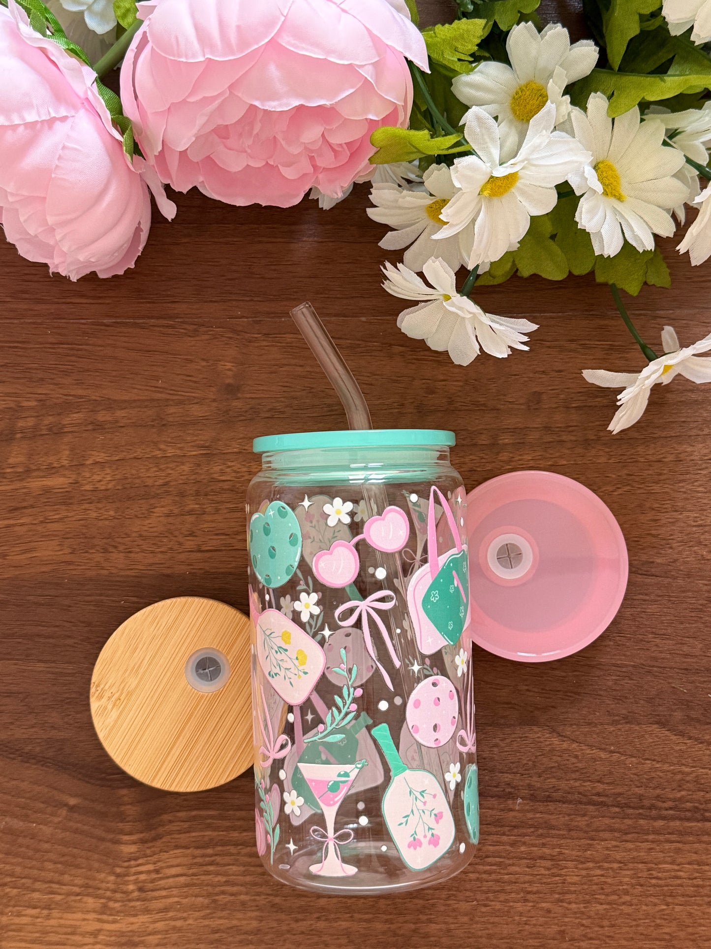 Dinkin' Cute Cup | Glass Cup with Plastic/ Bamboo Lid & Glass Straw