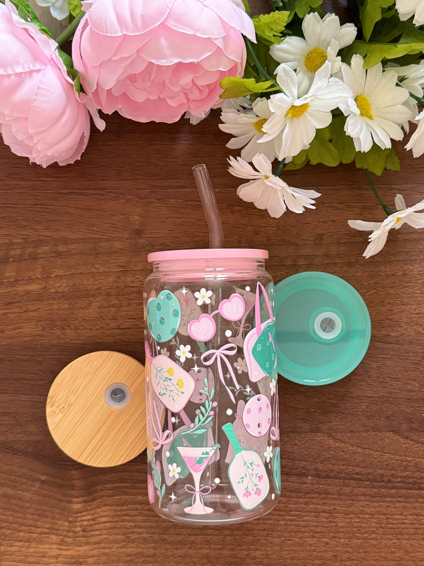 Dinkin' Cute Cup | Glass Cup with Plastic/ Bamboo Lid & Glass Straw