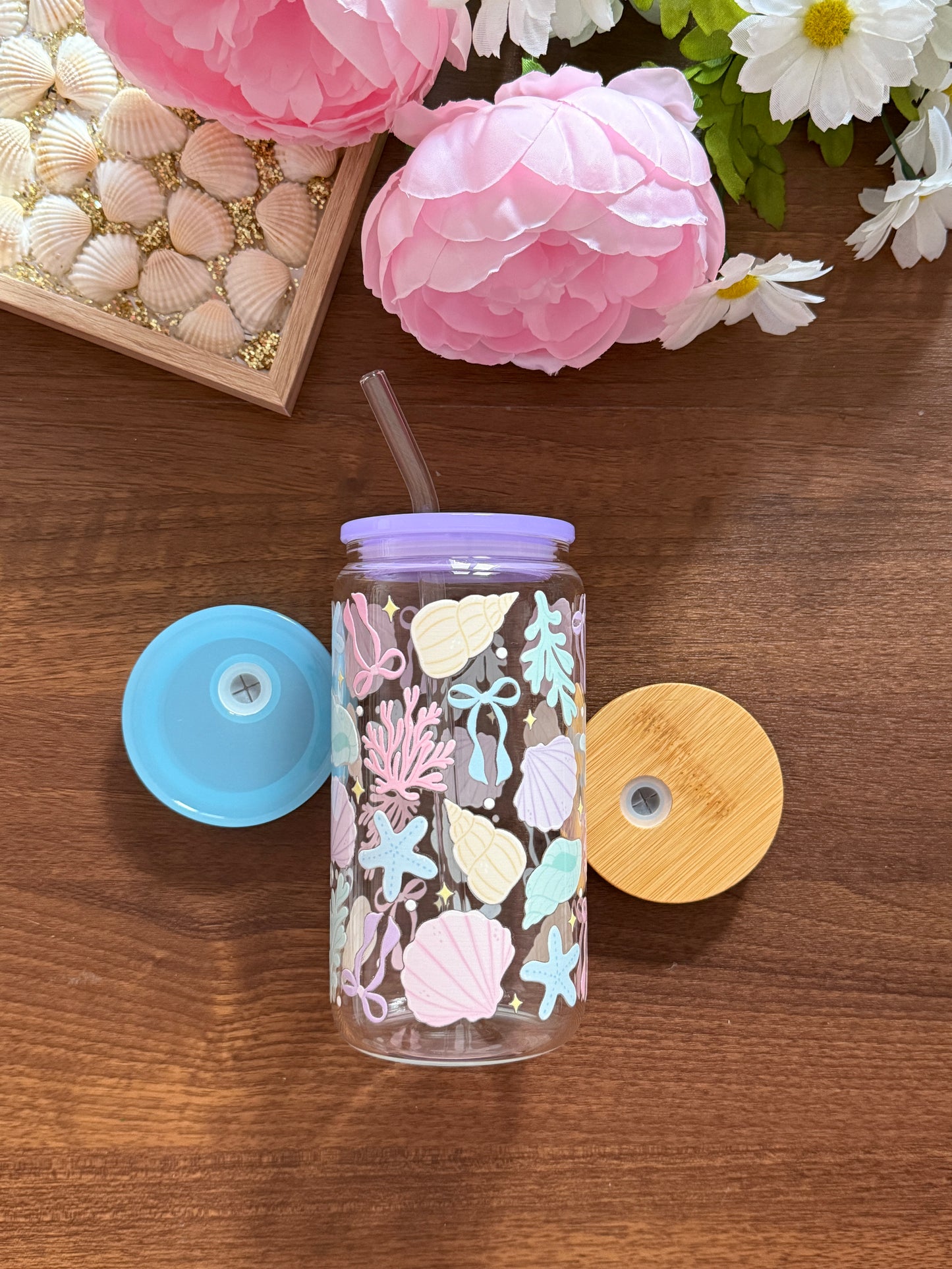 Coquette Sea Shell Cup | Glass Cup with Plastic/ Bamboo Lid & Glass Straw