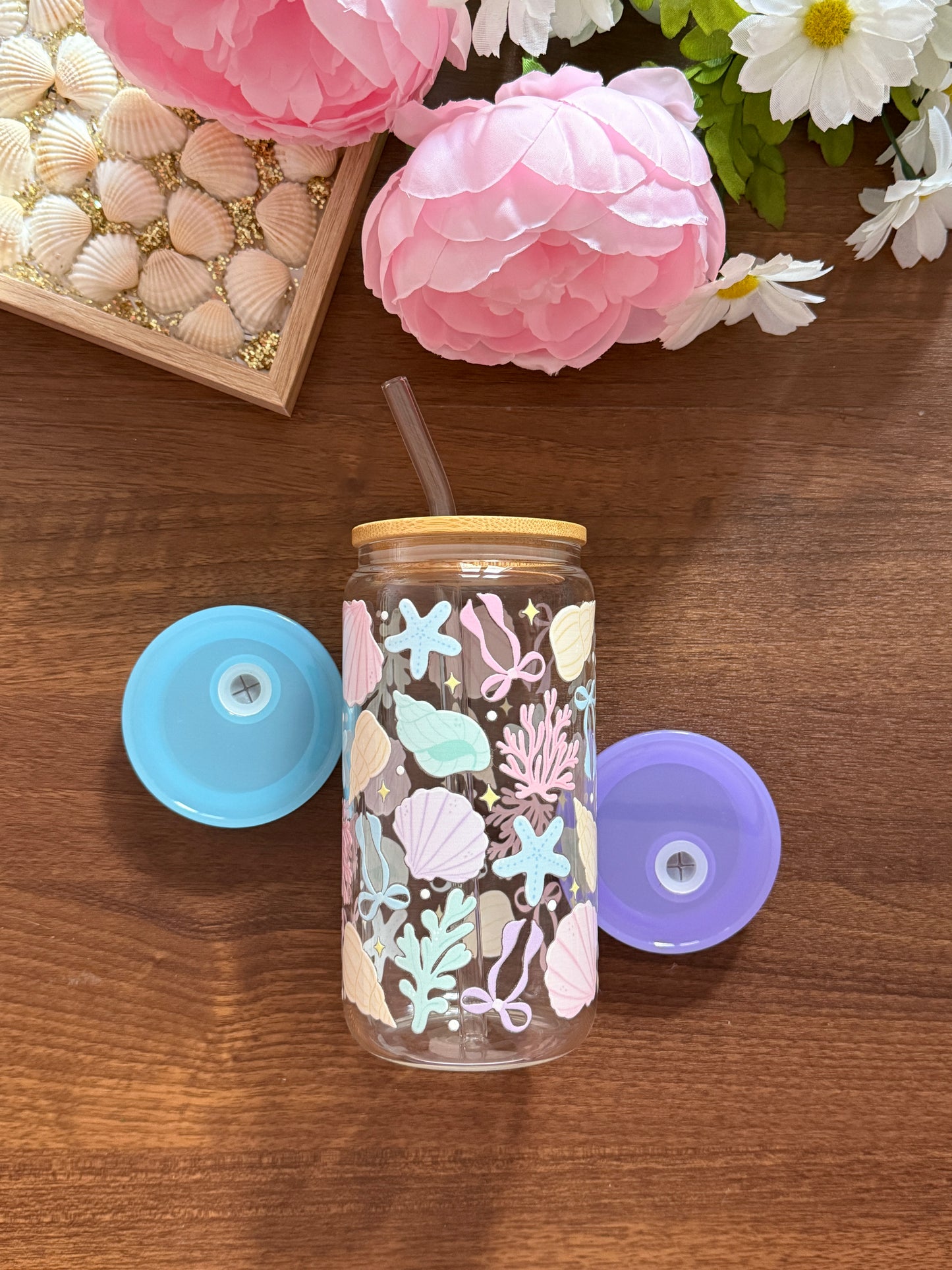 Coquette Sea Shell Cup | Glass Cup with Plastic/ Bamboo Lid & Glass Straw