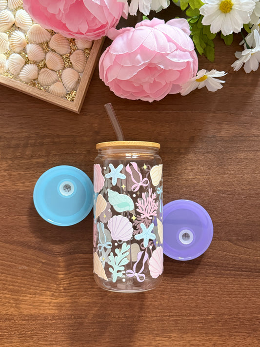 Coquette Sea Shell Cup | Glass Cup with Plastic/ Bamboo Lid & Glass Straw