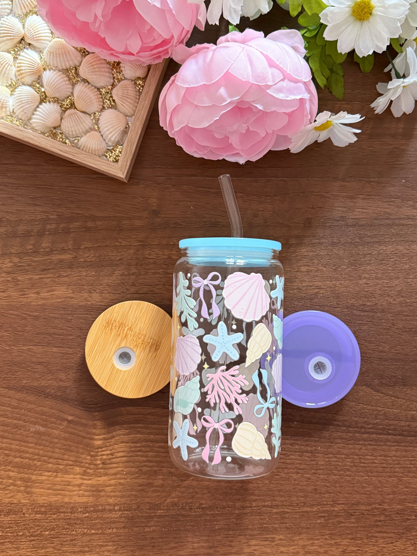 Coquette Sea Shell Cup | Glass Cup with Plastic/ Bamboo Lid & Glass Straw