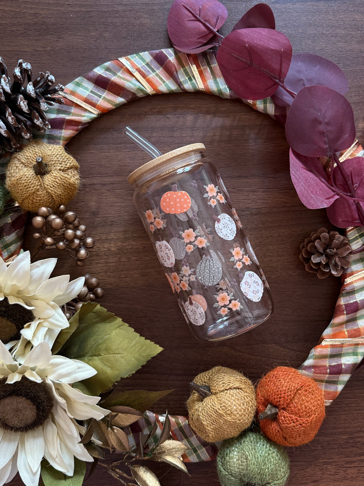 Pumpkin Patch Glass Cup - 16oz Tumbler with Bamboo Lid & Glass Straw