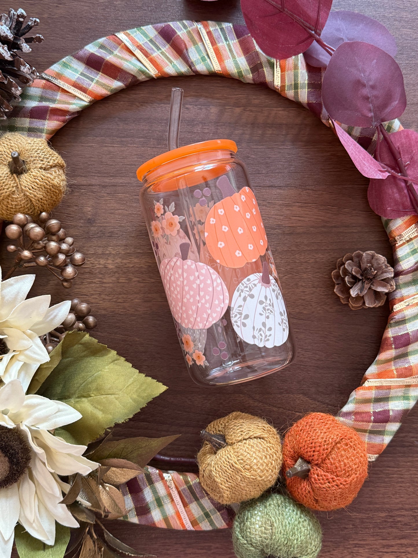 Large Pumpkin Glass Cup - 16oz Tumbler with Bamboo Lid & Glass Straw