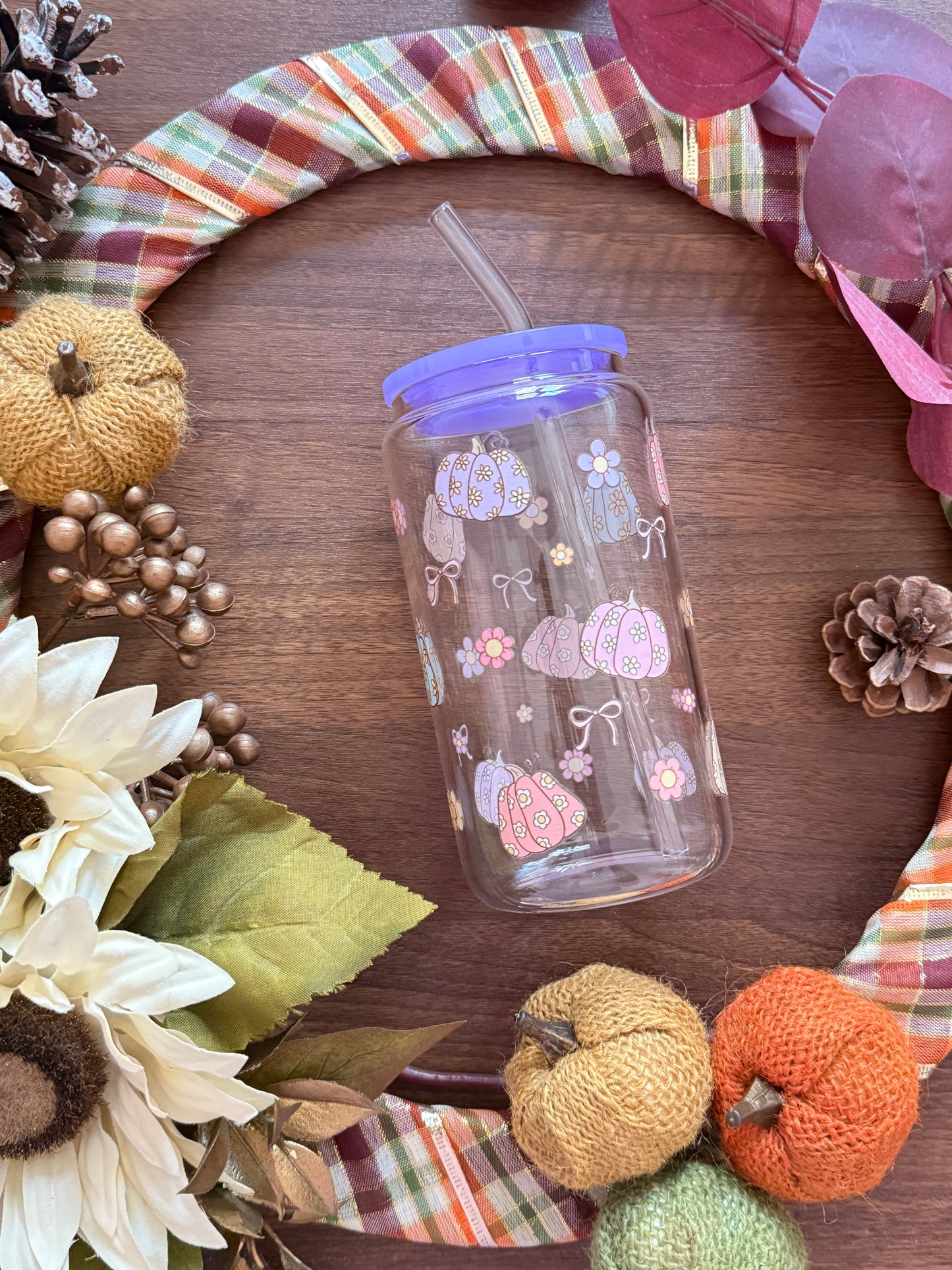 Coquette Pumpkin | Glass Cup with Plastic/Bamboo Lid & Glass Straw