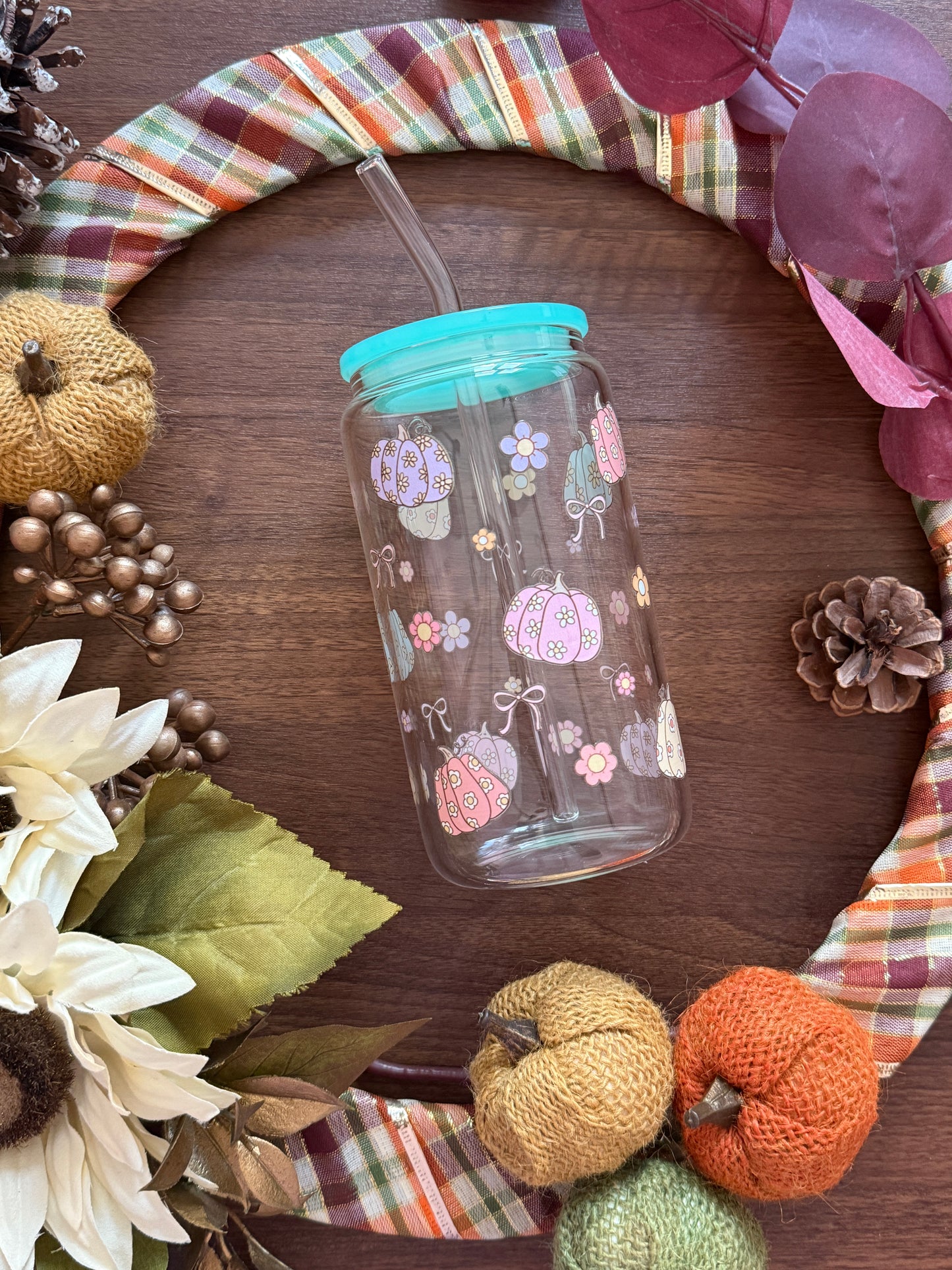 Coquette Pumpkin | Glass Cup with Plastic/Bamboo Lid & Glass Straw