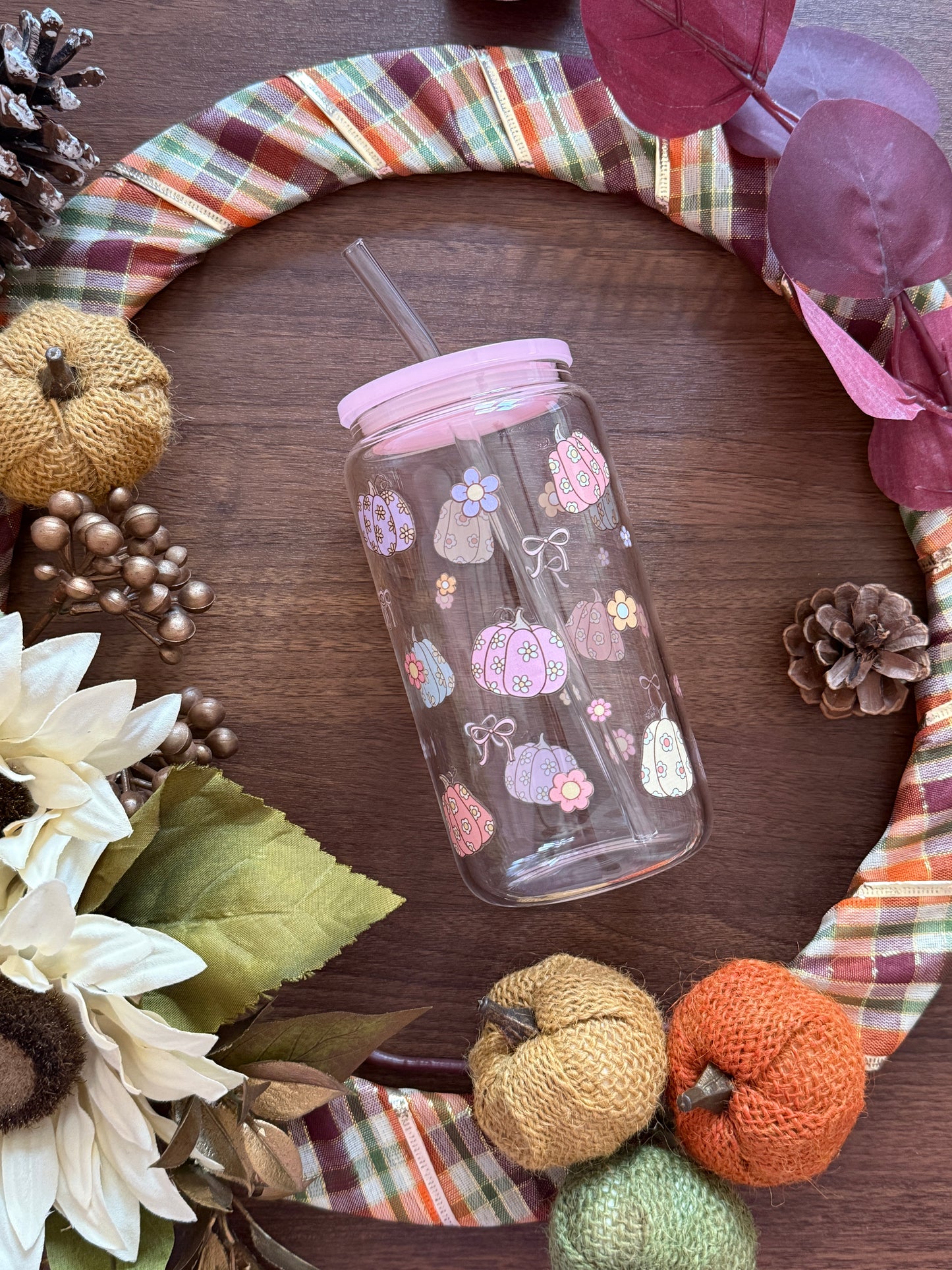 Coquette Pumpkin | Glass Cup with Plastic/Bamboo Lid & Glass Straw