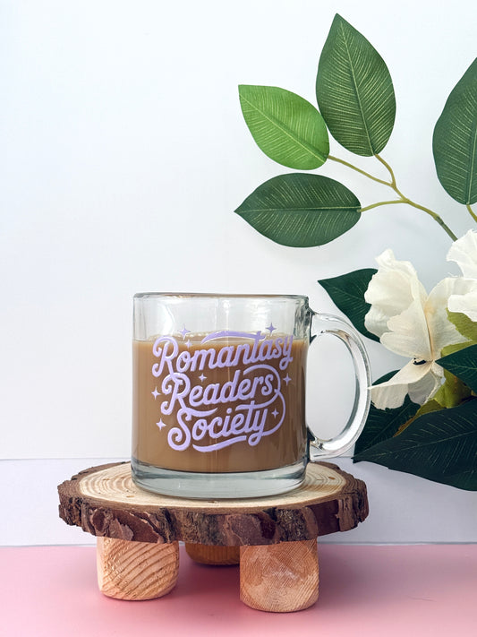 Romantasy Reader's Society Glass Mug | 130z clear mug for coffee and book lovers
