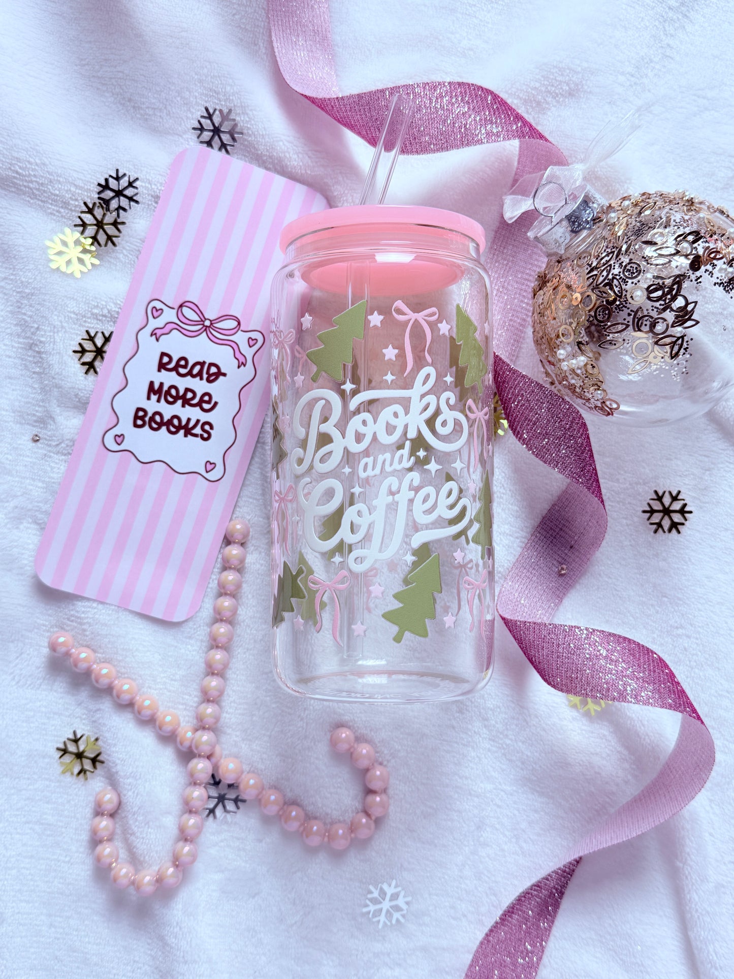 Bookmas Glass Cup- 16oz Tumbler with Plastic Lid & Glass Straw