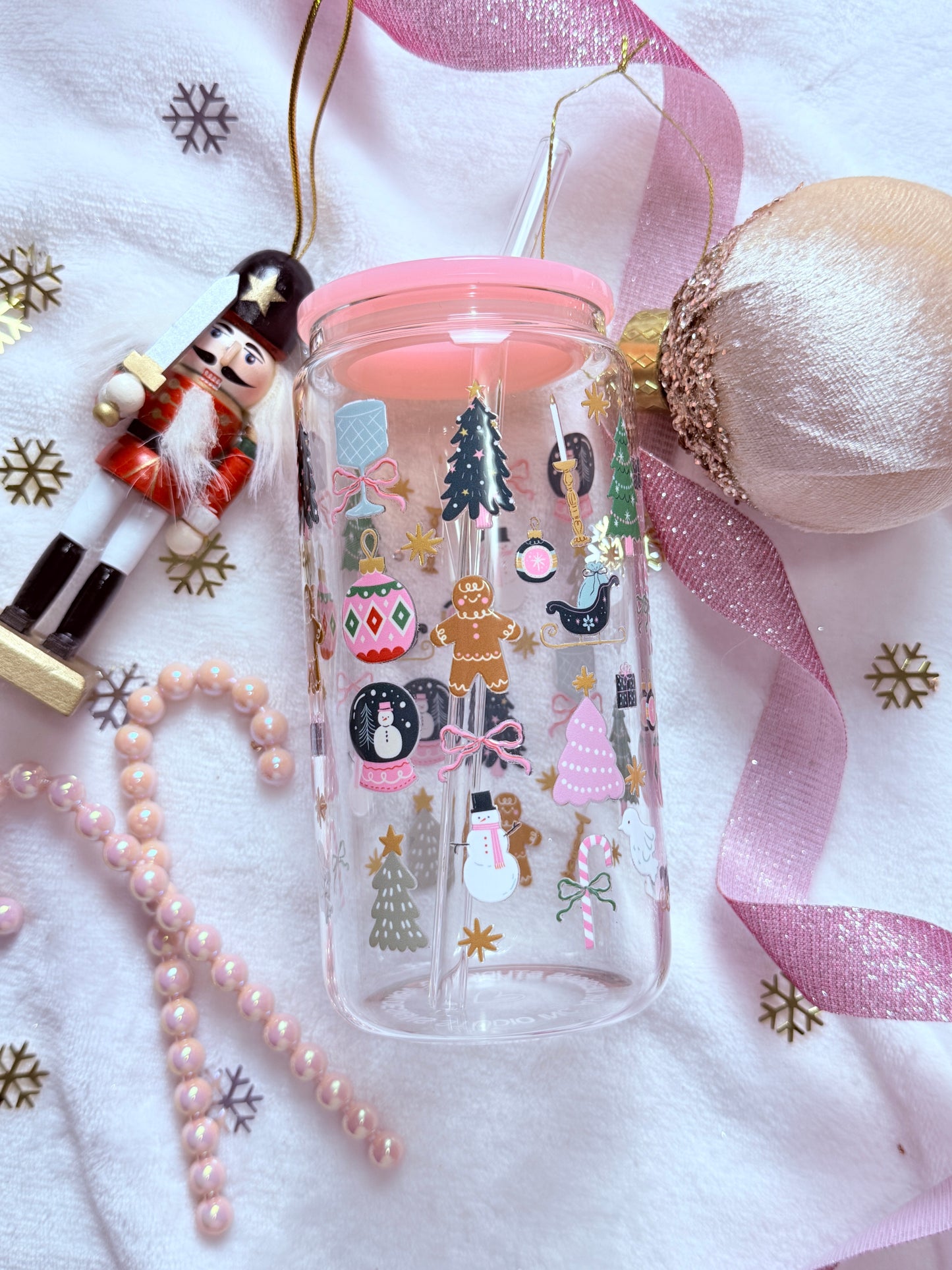 Christms Cheer Glass Cup- 16oz Tumbler with Plastic Lid & Glass Straw