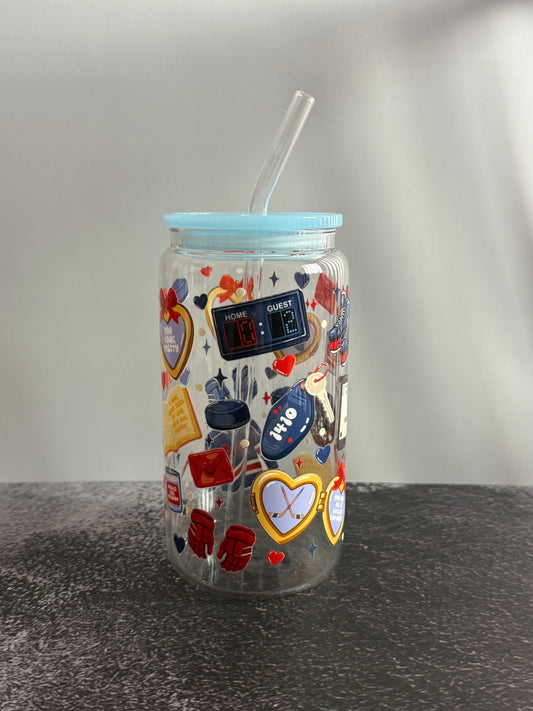 Hockey Romance Glass Cup | Hockey Love Aesthetics 16oz
