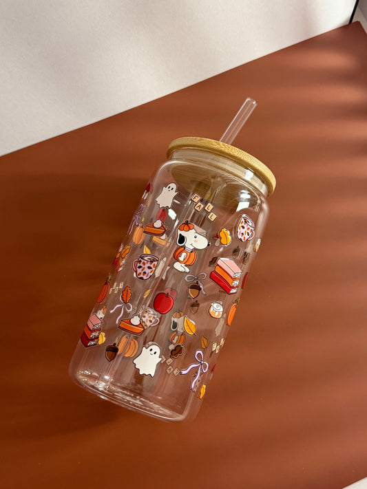 Cozy fall dog glass cup | 16oz glass cup