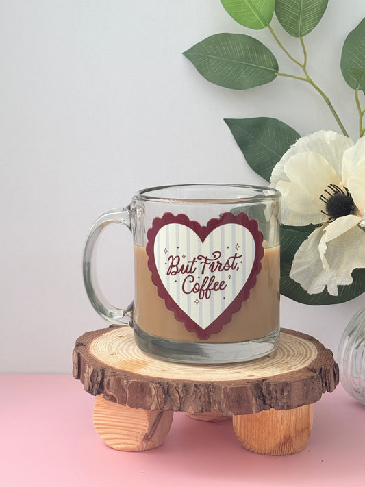 But First Coffee Glass Mug | 13oz clear mug for coffee and book lovers